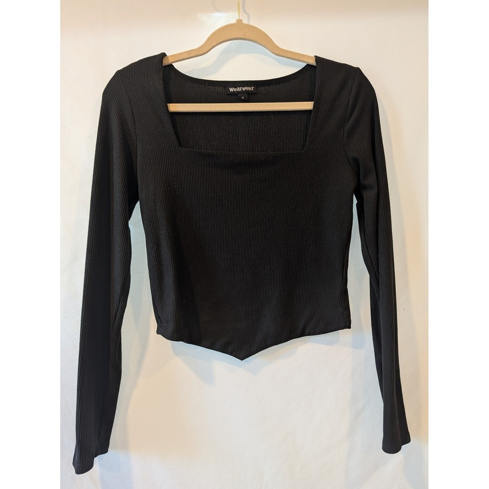 Wearever Black Ribbed Square Neck Long Sleeve Top Pointed Hem Size M